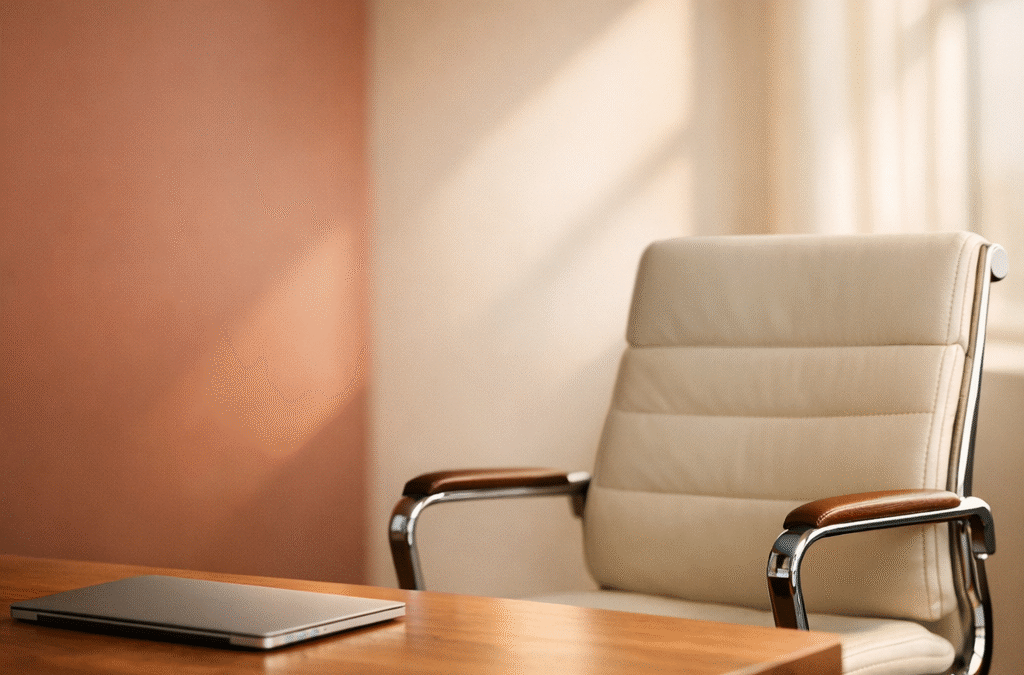 Empty office chair at a desk, symbolizing the interview process