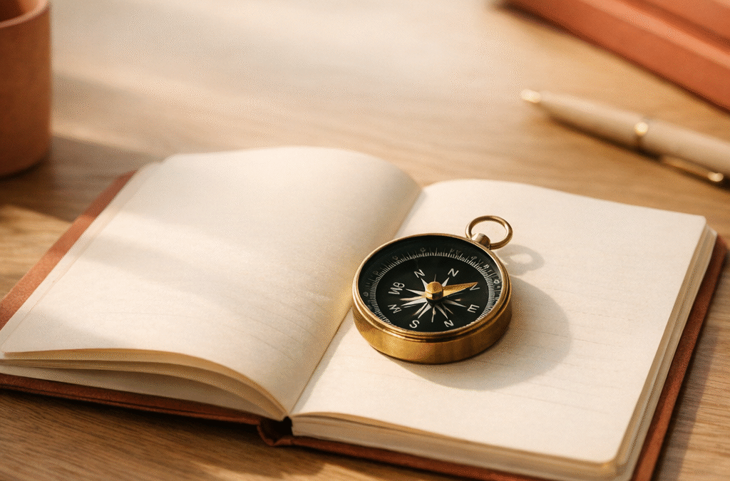 Compass resting on an open notebook, symbolizing candidates evaluating direction and fit