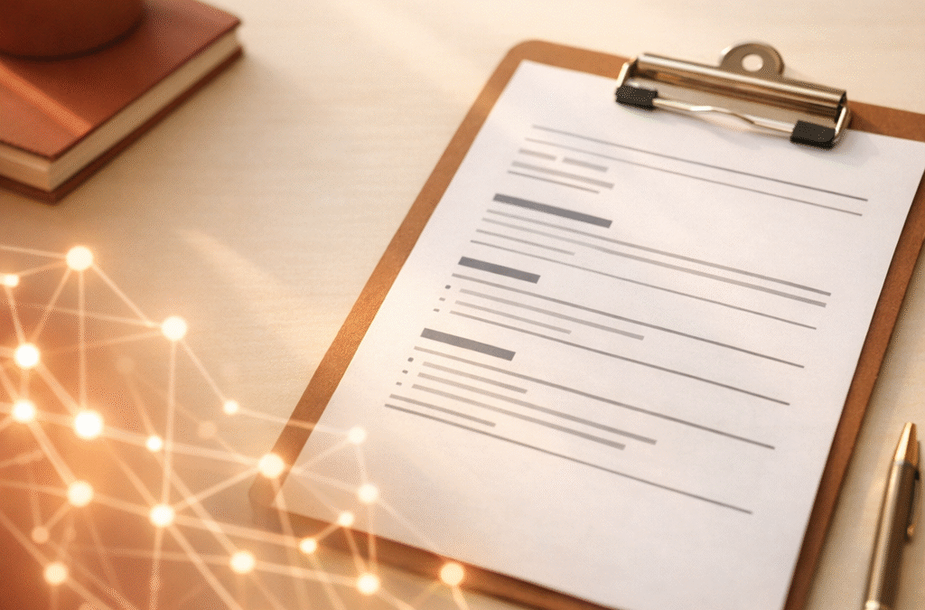 Resume document on a desk with a soft digital light pattern, symbolizing AI and recruiting